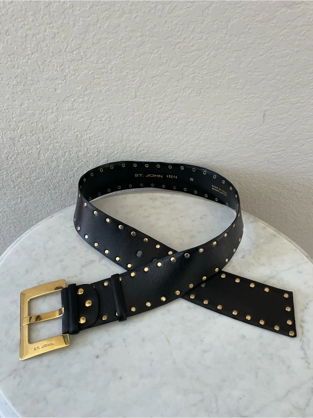 St. John Black Leather‎ Studded Belt Gold Hardware Minimalist Western Size 30